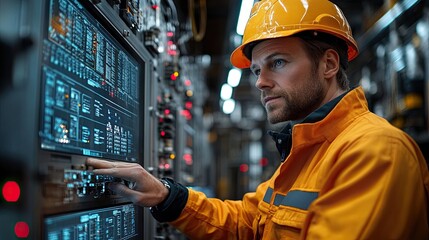 A worker in a yellow jumpsuit and hard hat operates a control panel with his finger.