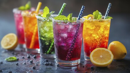 Five colorful cocktails with ice, mint, and lemon halves, creating a vibrant and refreshing atmosphere on a dark background, AI generated