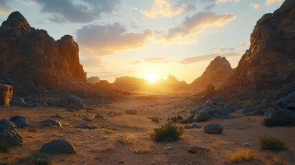 Naklejka premium Breathtaking sunset over rocky desert landscape with dramatic rock formations and soft clouds
