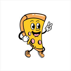 Cute and fun retro pizza cartoon character vector illustration. Cool and fun pizza character print design.