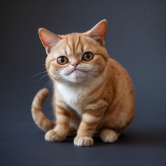 An animated charming orange tabby cat posing with curious expression on grey studio background