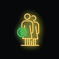 Neon icon representing the gender pay gap with two stylized businesswomen and a dollar coin