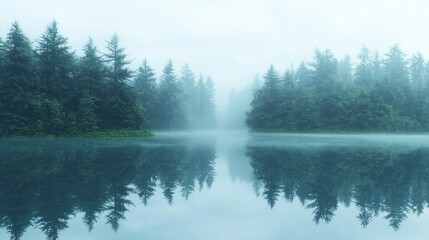Misty morning lake reflecting foggy evergreen trees.