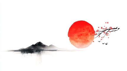 Sakura Blossom and Fujiyama Mountain in Traditional Sumi-e Ink Painting