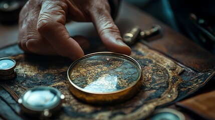 Hand examines antique map with magnifying glass, workshop
