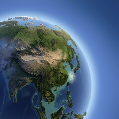 Fototapeta premium A fragment of the Earth with high relief, detailed surface, translucent ocean and atmosphere, illuminated by sunlight