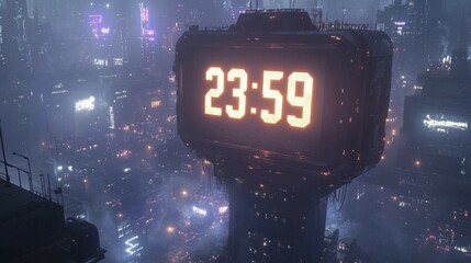 Futuristic cityscape with a large digital clock display at night, AI generated