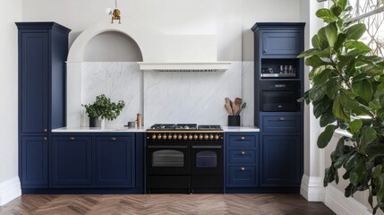 Elegant navy blue kitchen with marble backsplash, herringbone floor, and range cooker.