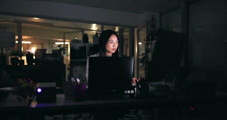 Research, night and computer with business asian woman in office for art director, media campaign and overtime. Client feedback, email and deadline with person in creative agency for design editor