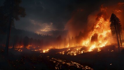 Fototapeta premium Raging wildfire at night tearing through dense forest sky ablaze with fierce glow, AI generated