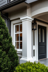 Fototapeta premium Modern House Exterior: Elegant Entrance with Grey and White Facade, showcasing contemporary architecture and landscaping details. Ideal for real estate and home design inspiration.
