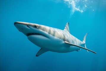 Naklejka premium Majestic Silky Shark Swimming Gracefully in Clear Blue Ocean