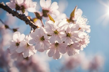 Blooming cherry blossoms with soft pink petals against a clear blue sky, with delicate sunlight filtering through, AI generated