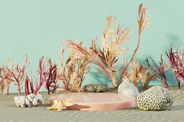 Podium pedestal product mock up display with underwater plants and corals, 3d illustration © Elisabeth Cölfen/imageBROKER