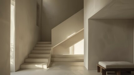Fototapeta premium A minimalist interior with a staircase bathed in natural light creating soft shadows, AI generated