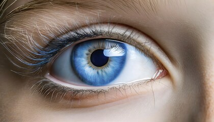 Obraz premium Extreme closeup of a blue eye of a woman. closeup of eyeball. AI Generated, AI generated