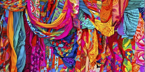 Illustration background featuring an mix of vibrant textiles with overlapping arrays of colors, AI generated