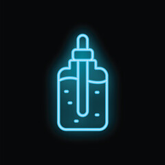 Neon blue cosmetic bottle with pipette glowing on black background