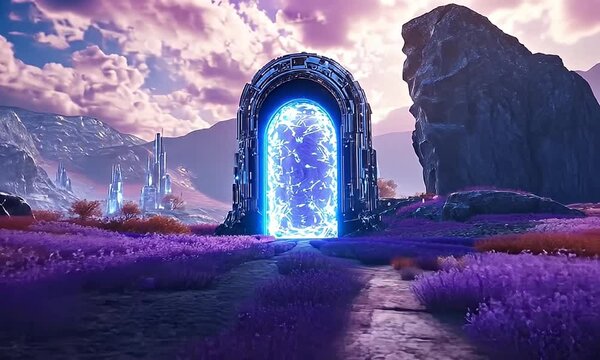 Futuristic portal, lavender field, alien landscape, sunset