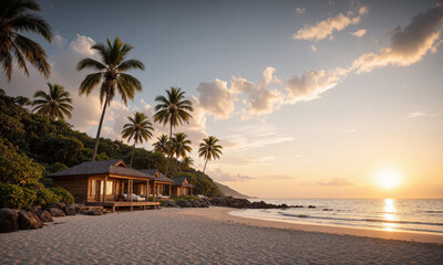 Fototapeta premium Secluded Island with Wooden Cabins A tranquil secluded island with rustic wooden cabins nestled between palm trees, the beach empty except for