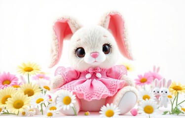 Adorable White Plush Bunny in Pink Lace Dress Surrounded by Daisies on a Minimal White Background