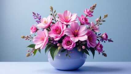 A Delicate Arrangement of Pastel Pink Blossoms in a Smooth Lavender Vase, a Symbol of Springtime Serenity and Gentle Beauty