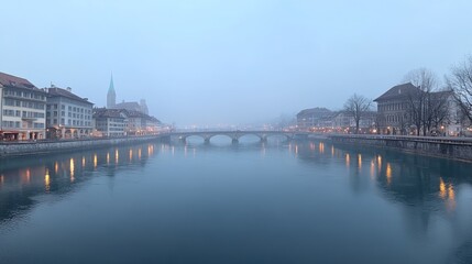 Foggy dawn, river bridge, city lights, Switzerland, travel