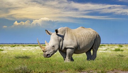Obraz premium AI generated, animal, animals, mammal, mammals, biotope, habitat, one, individual, foraging, wildlife, rhinoceros, white rhinoceros (Ceratotherium simum), white-lipped rhinoceros, white rhino