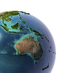 Fototapeta premium Earth with translucent water in the oceans and the detailed topography of the continents. A fragment of Australia and Oceania. Isolated on white