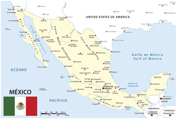Obraz premium Map of Mexico with national borders, main cities and rivers