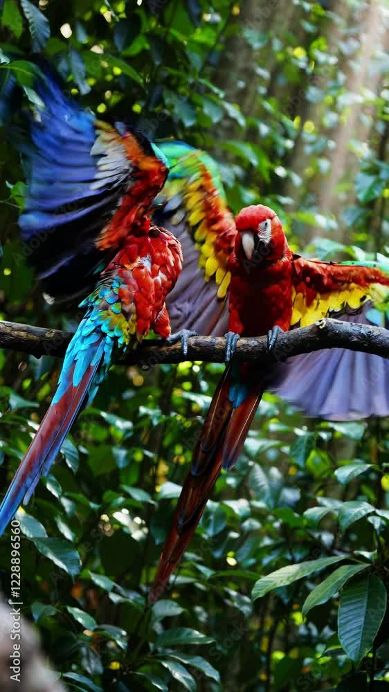 Aufkleber a pair of macaws grooming each other on a high branch, their feathers glowing in the soft light brea