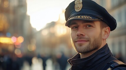 Officer smiling, city street, sunset, bokeh, portrait