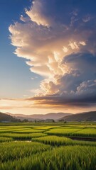 Obraz premium Golden Hour Rice Paddies, Dramatic Sunset Cloudscape Over Lush Green Fields