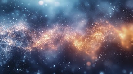 A futuristic abstract image showcasing glowing blue and orange network-like lines with light dots on a dark background, AI generated