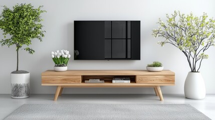A Beautifully Designed Living Room Featuring a Stylish Wooden Stand for a Flat Screen TV to Inspire Your Next Home Renovation or Interior Design Project