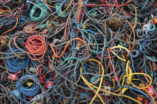 Electronic waste, cable, data cable, power cable, format-filling, symbolic image for cable recycling and material cycle, AI generated, AI generated, AI generated