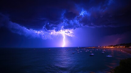 Coastal Lightning Storm Night Seascape