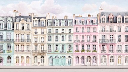 Obraz premium Parisian Dream Pastel-Colored Buildings Watercolor Painting.