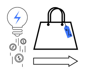 Light bulb with lightning and falling coins near shopping bag adorned with discount tag and arrow. Ideal for commerce, marketing, online shopping, innovation, finance, retail strategy, investment