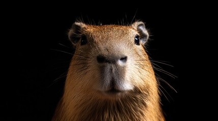 Close-up portrait of a capybara against a black background.