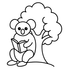 A koala reading a book under a tree line art vector illustration 