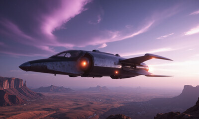 sleek, high-tech spacecraft descending toward a mysterious planet, its metallic hull glinting as it cuts through the planet's atmosphere.