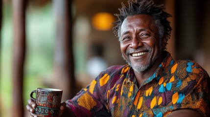 Kenya laughing while holding a coffee mug during a casual meeting.