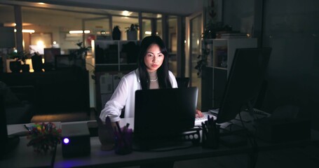 Research, night and laptop with business asian woman in office for art director, media campaign and...