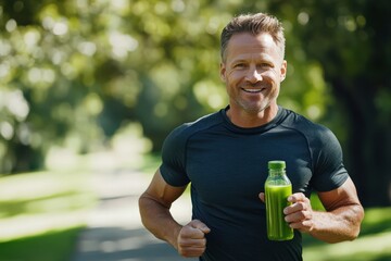 A mid-adult man running through a park holding a bottle of green juice, emphasizing fitness and vitality