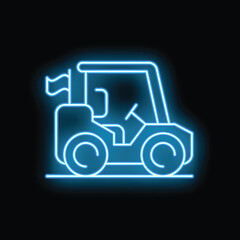 Blue neon sign of a golf cart on a black background
