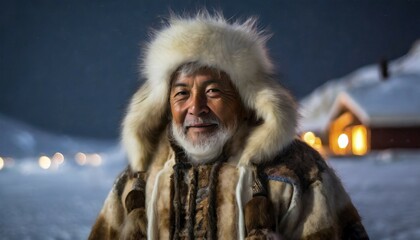 Portrait, an old man of the Inuit, also Eskimo, in warm fur clothing in a snowy landscape in the polar night, KI generated