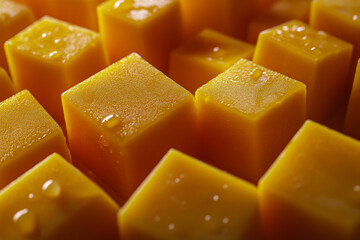 Macro photography of mango, cut into cubes.