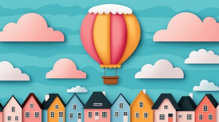 Colorful Hot Air Balloon Surrounded by Charming Paper Cutout Houses and Clouds in a Bright Sky