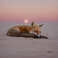 Fototapeta premium A fox peacefully napping on a crescent moon, floating in a soft pink sky.